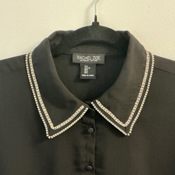 Rachael Zoe Black Blouse Sheer Sleeves Crystal Collar Large - Picture 3 of 7